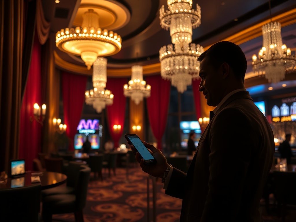 "Luxurious Australian casino hotel night scene, glowing lights, velvet curtains, elegant VIP lounge ambiance, silhouetted guest holding smartphone, subtle wave reflections, cinematic lighting"
