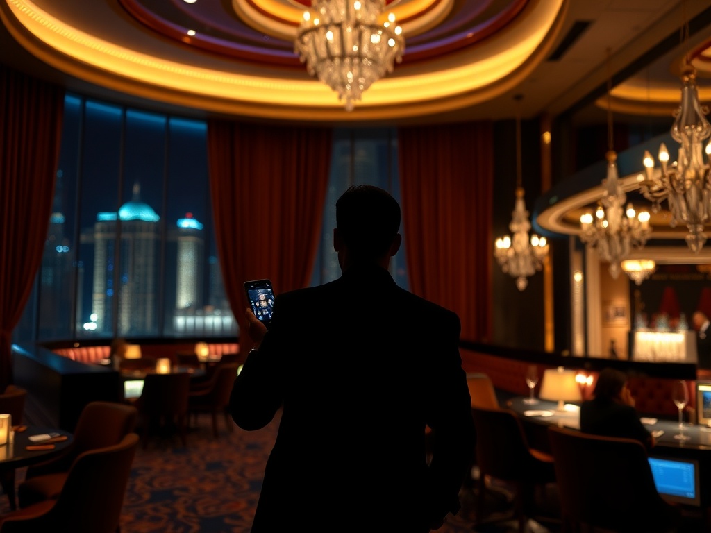 "Luxurious Australian casino hotel night scene, glowing lights, velvet curtains, elegant VIP lounge ambiance, silhouetted guest holding smartphone, subtle wave reflections, cinematic lighting"