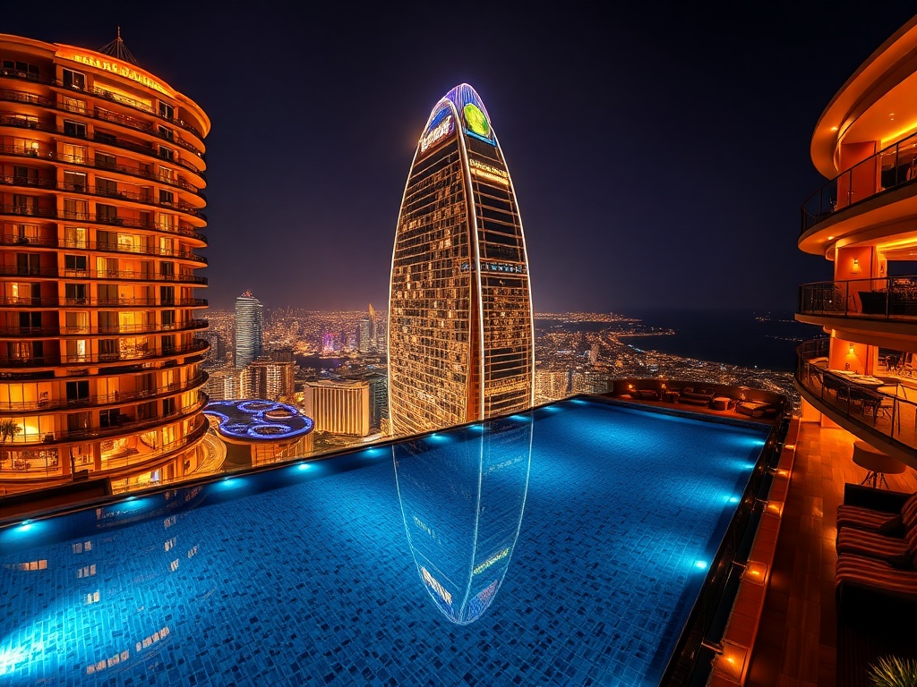 A panoramic night view of a luxury casino hotel tower in Australia, rooftop infinity pool, elegant suites windows glowing, velvet interiors, warm concierge service ambiance.