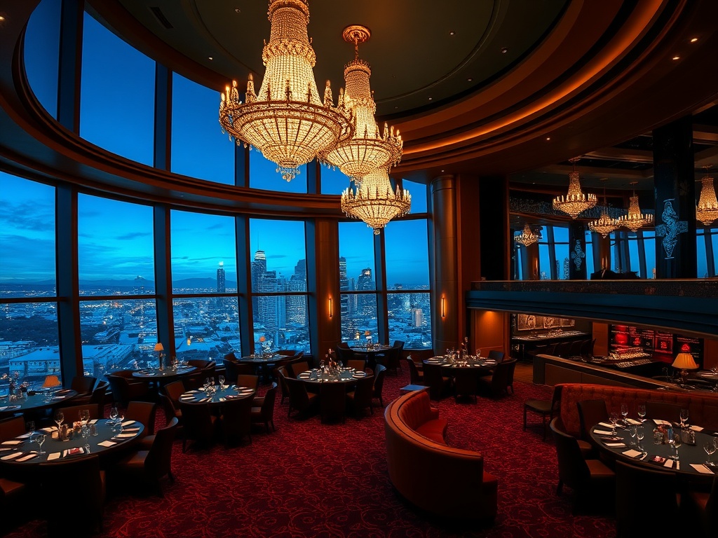 "Luxury Australian casino hotel at night, glowing chandeliers, velvet interiors, elegant VIP lounge, panoramic skyline windows, subtle high-stakes table atmosphere, five-star dining lights."