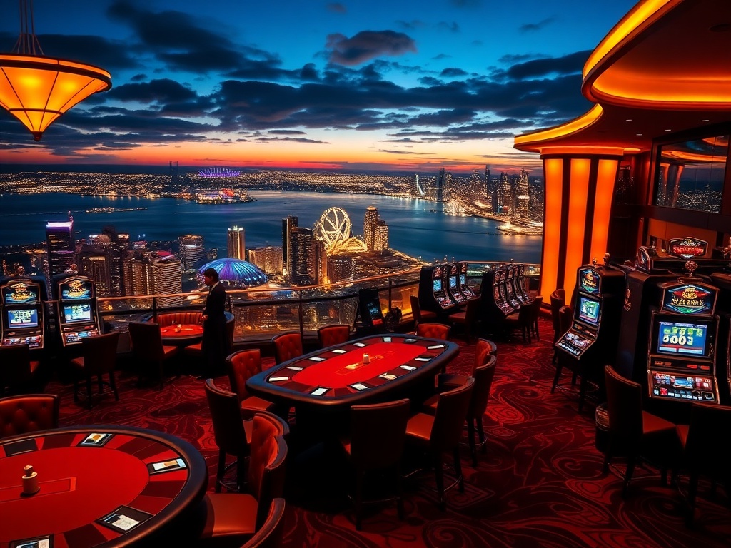 "Luxurious Australian casino night scene, panoramic city-and-coast skyline, golden light reflections, elegant velvet seating, high-stakes table silhouettes, slot machines glow softly, VIP lounge atmosphere, refined service vibe."