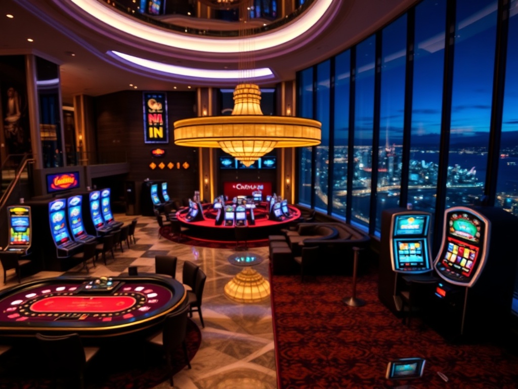 "Luxurious Australian casino hotel at night, glowing marble lobby, elegant poker table lights, sleek slot machines blurred, VIP lounge with velvet seating, panoramic ocean skyline suites, five-star ambiance"