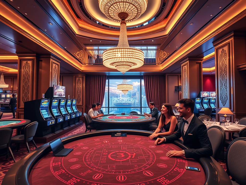 "a glamorous casino hotel interior blending "high-stakes poker table" "sparkling slot lights" "elegant VIP suite balcony" and "fine dining" with smiling guests under warm ambience" " "