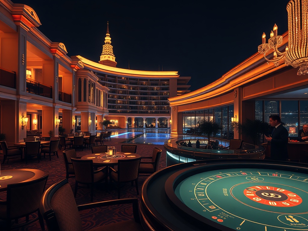 "A luxurious Australian casino hotel at night, elegant warm lights, high-roller gaming table glow, VIP suite balcony view, discreet attentive staff silhouettes, lavish five-star interiors"