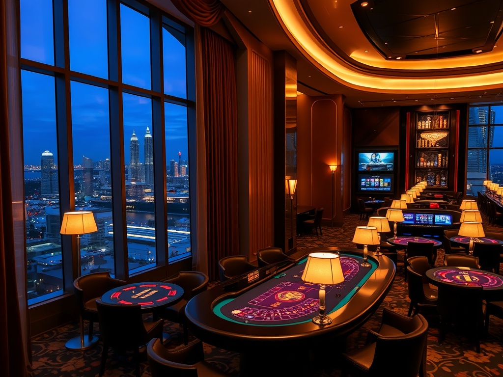 "Luxury casino hotel interior at night with glowing gaming floor, elegant high-stakes table lamps, velvet curtains, panoramic Australian skyline windows, VIP suite lounge ambiance, subtle offer mood lighting"