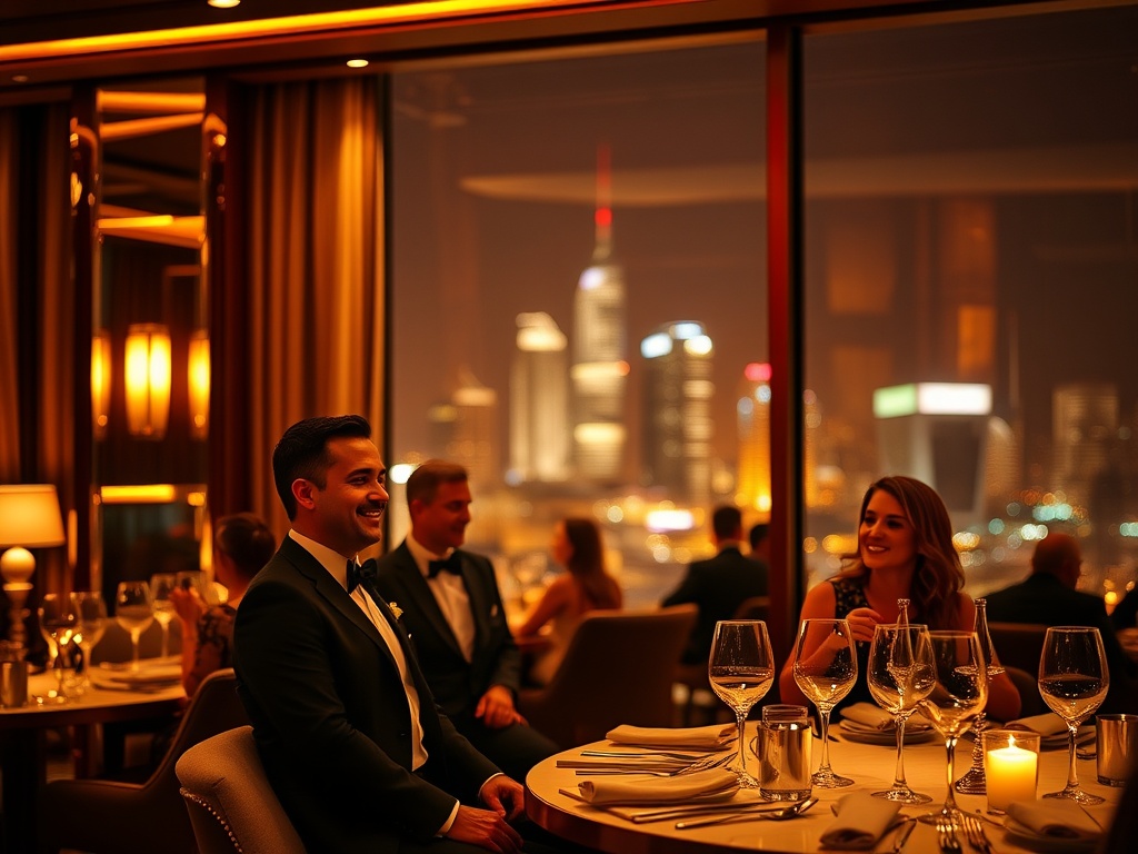 "Luxury Australian casino hotel ambiance at night, elegant VIP lounge, warm golden lighting, guests in formal attire smiling, five-star suite window with iconic skyline, tasteful dining atmosphere" "bokeh lights, cinematic realism, high-end editorial styl