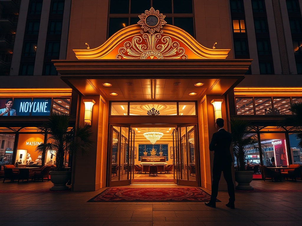 A glamorous hotel entrance at night with warm lights, elegant valet-like silhouettes, a softly glowing casino doorway, luxury suite windows, panoramic Australian skyline, cinematic lighting.