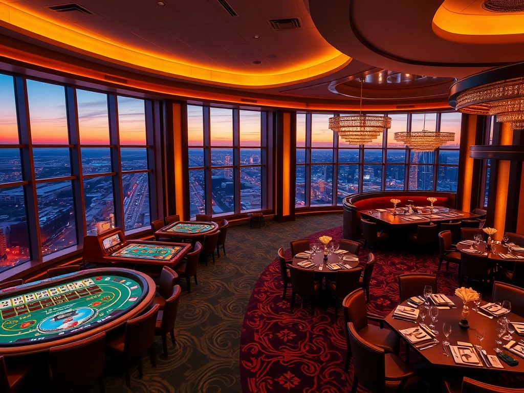 A luxurious Australian casino hotel scene at dusk, "glowing high-stakes gaming floor", "elegant VIP suite windows", "fine dining tables", "stylish nightlife lounge"
