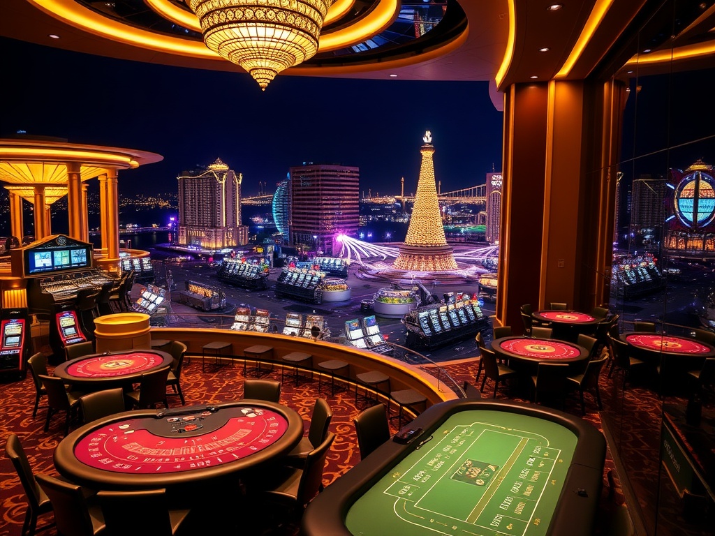 "Luxury casino hotel in Australia at night, glamorous gaming floor with high-stakes tables, elegant VIP suite window view, five-star glow, tasteful opulence." "