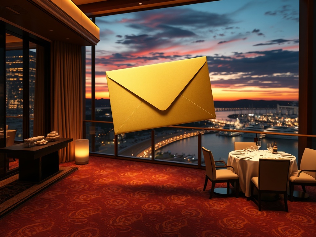 "elegant golden envelope" hovering over "luxury casino floor", "VIP suite balcony lights", "fine dining table" and "sunset harbor skyline", cinematic lighting.