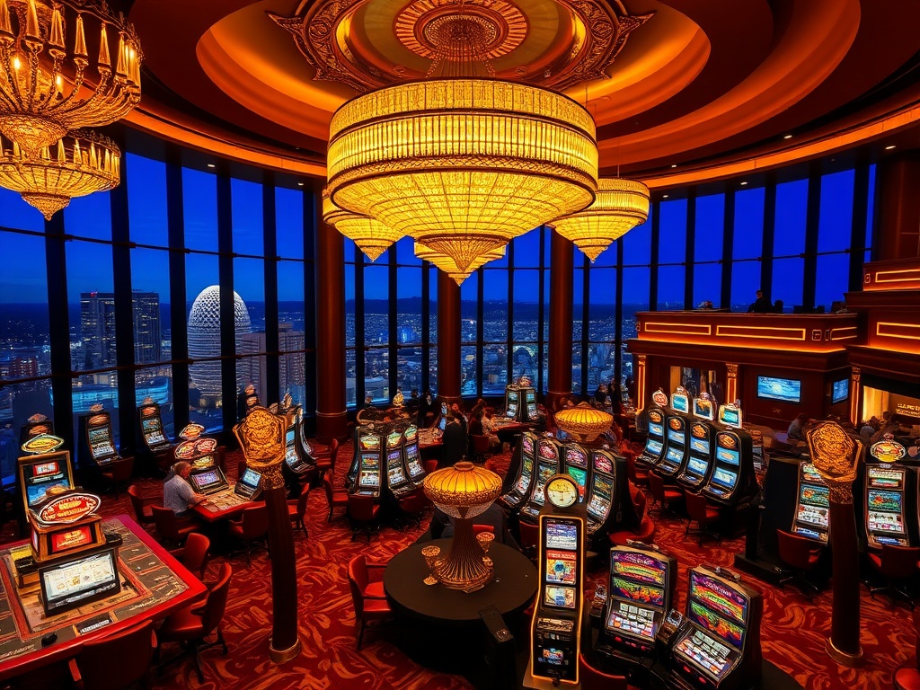 Opulent Australian luxury casino at night, gilded chandeliers, glowing gaming tables and slot machines, velvet VIP lounge, panoramic skyline windows, warm five-star lighting, elegant crowd.