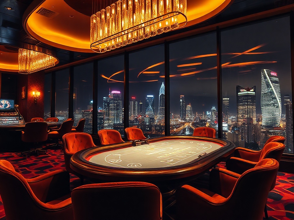 "A luxurious Australian casino lounge at night, warm golden lighting, elegant high-stakes table, sparkling city skyline, velvet seats, VIP atmosphere, cinematic depth." "