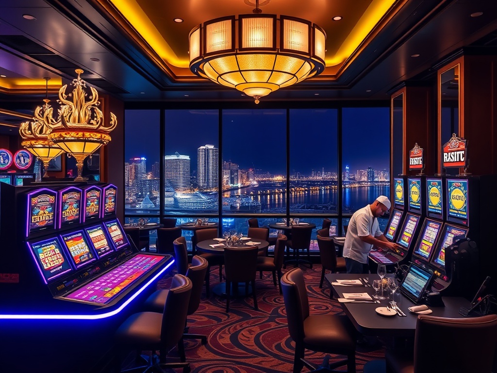 “opulent casino night scene” “glowing gaming tables” “sleek slot machines” “VIP lounge with velvet seats” “chef plating local gourmet dishes” “harbor-view city lights” “elegant nightlife ambiance”