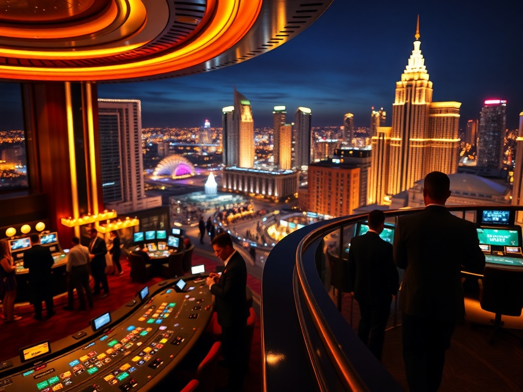 "nighttime luxury casino hotel in Australia" "glowing high-stakes gaming floor" "VIP balcony overlooking iconic skyline lights" "elegant suited guests" "five-star ambience, warm gold lighting" "cinematic depth of field" "no logos"
