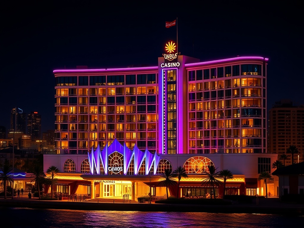 A glamorous Australian luxury casino hotel at night, glowing entrances, elegant VIP suite windows, high-roller ambience, warm light reflections, coastal city skyline.