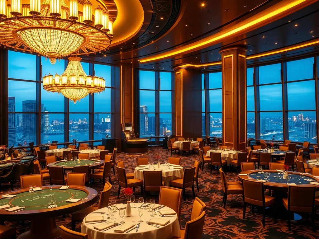 "opulent casino interior" "golden chandeliers" "high-stakes gaming tables" "sleek VIP lounge" "panoramic skyline windows" "fine dining table" "warm ambient nightlife glow" "five-star luxury atmosphere"