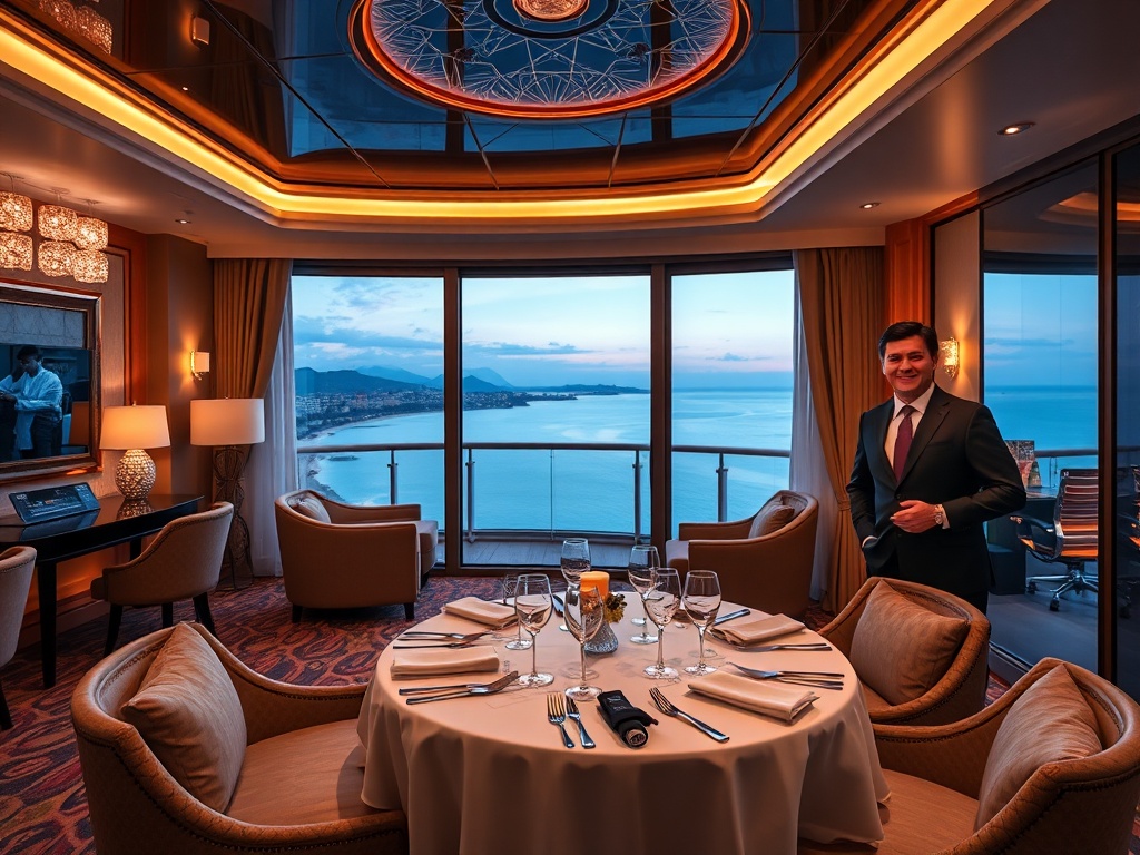 "elegant VIP lounge" "five-star suite balcony with coastal skyline" "fine dining table" "subtle casino lights" "attentive concierge" "warm confident smiles"