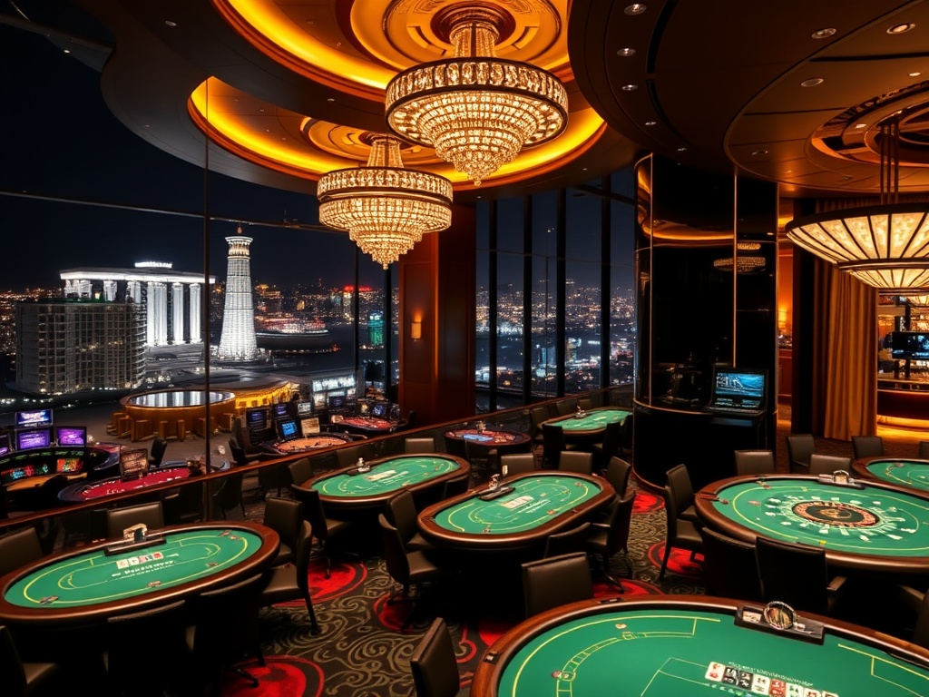 "Luxury casino hotel in Australia at night, glamorous gaming floor with high-stakes tables, elegant VIP suite window view, five-star glow, tasteful opulence." "