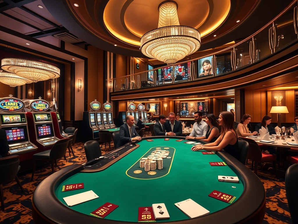 "a glamorous casino hotel interior blending "high-stakes poker table" "sparkling slot lights" "elegant VIP suite balcony" and "fine dining" with smiling guests under warm ambience" " "