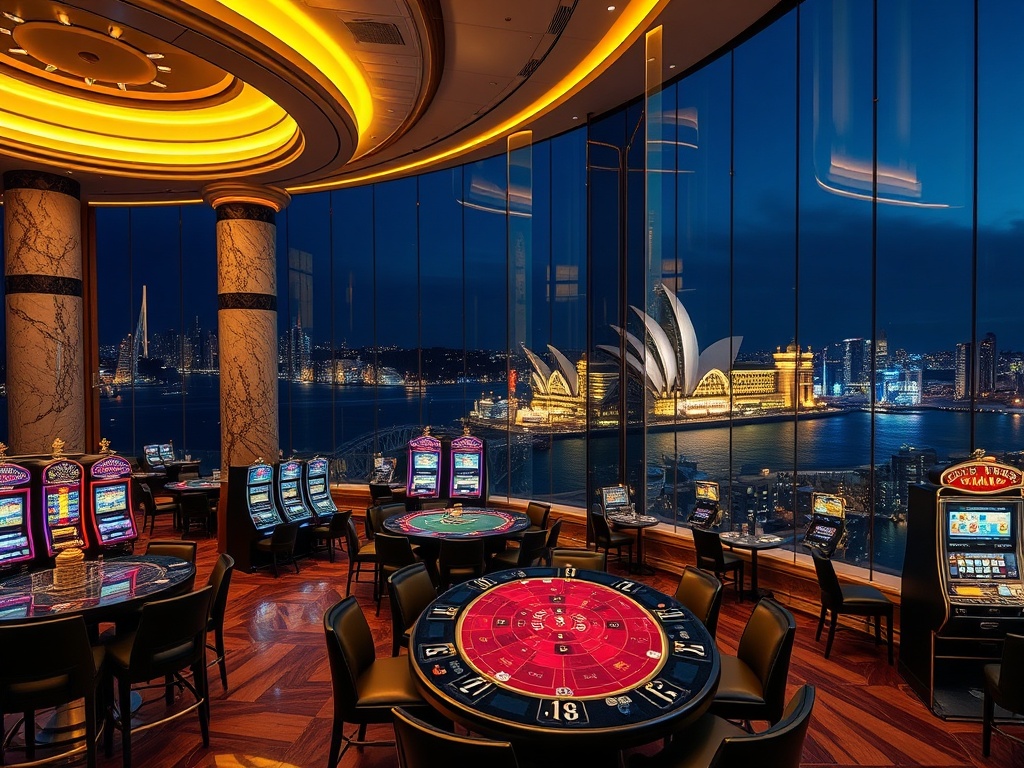 "Luxury casino hotel at night in Australia, elegant marble interiors, golden light, high-stakes table and slot machines glow, private VIP lounge, refined dining, cocktail nightlife, panoramic harbor view."