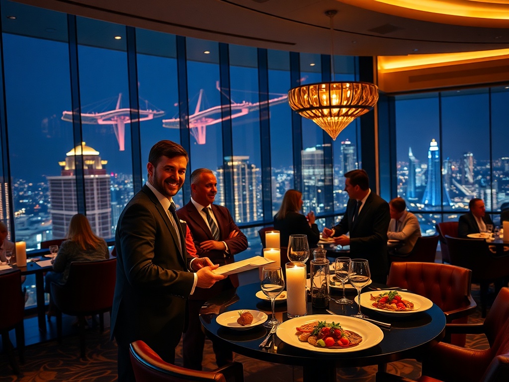 “luxury casino hotel lounge at night” “smiling guests” “attentive concierge” “quick service gestures” “gourmet dining plates” “panoramic city lights”