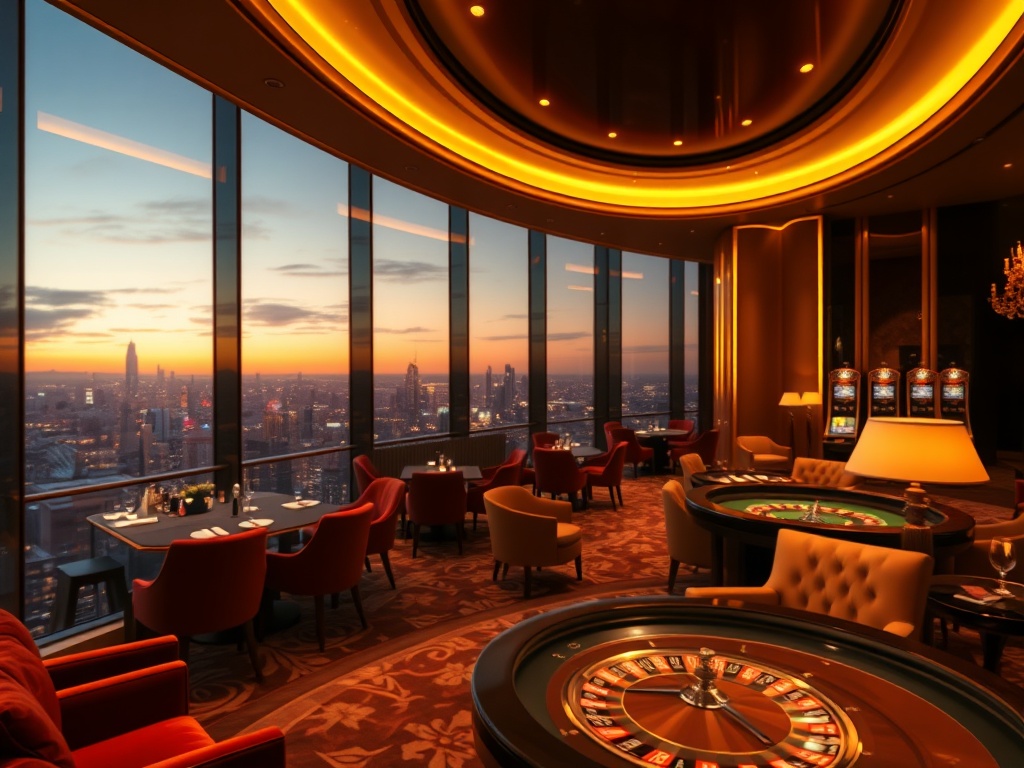 "Luxury casino hotel interior at night" "warm golden lighting" "panoramic skyline view" "elegant suite lounge with velvet seating" "subtle casino atmosphere with blurred roulette tables and slot machines" "five-star dining ambiance in background" "VIP pri