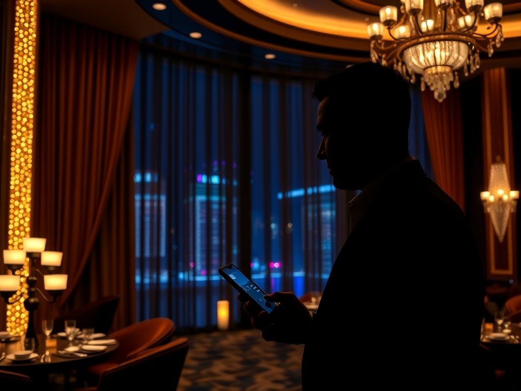 "Luxurious Australian casino hotel night scene, glowing lights, velvet curtains, elegant VIP lounge ambiance, silhouetted guest holding smartphone, subtle wave reflections, cinematic lighting"
