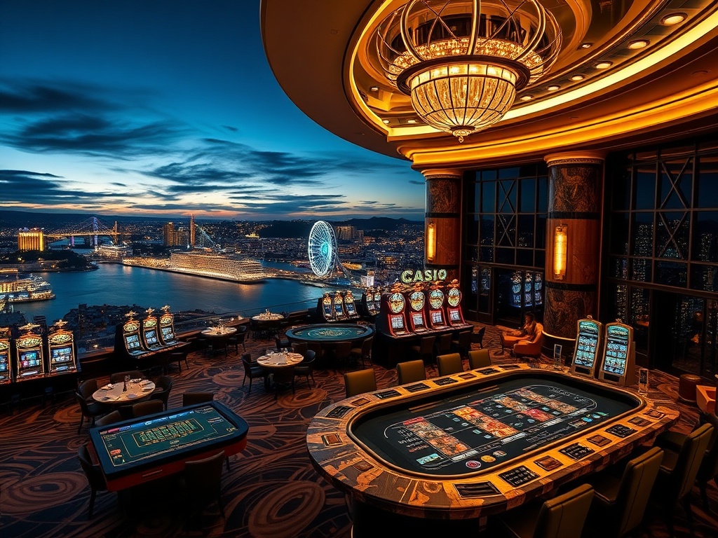 "Luxury casino hotel at night in Australia, elegant marble interiors, golden light, high-stakes table and slot machines glow, private VIP lounge, refined dining, cocktail nightlife, panoramic harbor view."