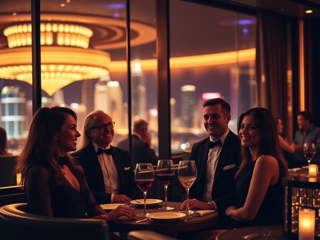 "Luxury Australian casino hotel ambiance at night, elegant VIP lounge, warm golden lighting, guests in formal attire smiling, five-star suite window with iconic skyline, tasteful dining atmosphere" "bokeh lights, cinematic realism, high-end editorial styl