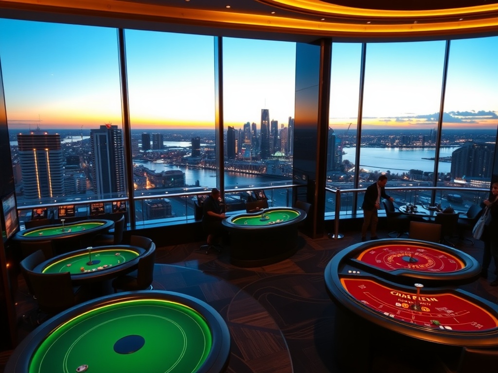 "sleek luxury casino lobby at dusk in Australia" "glowing high-stakes gaming tables" "elegant five-star suite balcony" "iconic city skyline" "golden ambient light"
