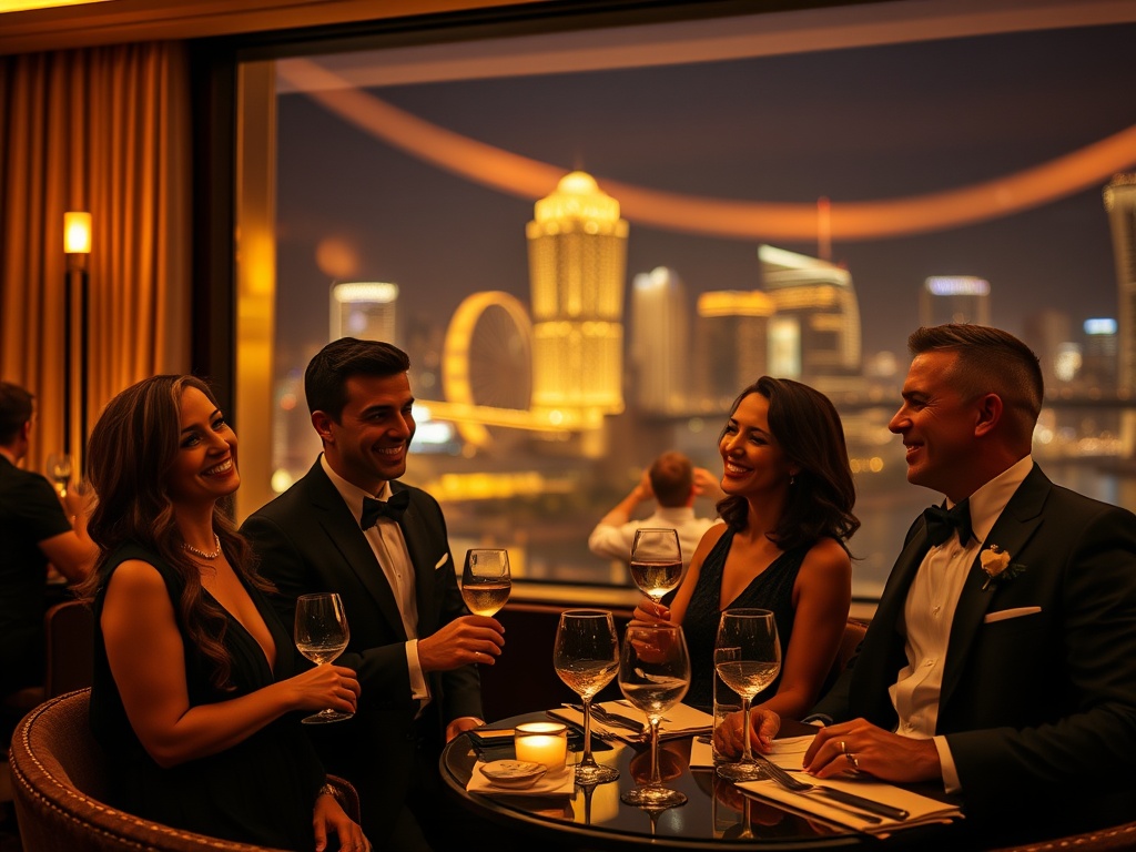 "Luxury Australian casino hotel ambiance at night, elegant VIP lounge, warm golden lighting, guests in formal attire smiling, five-star suite window with iconic skyline, tasteful dining atmosphere" "bokeh lights, cinematic realism, high-end editorial styl