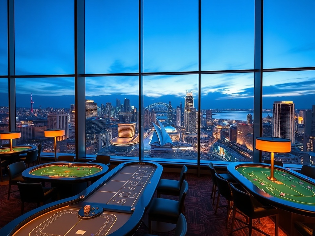 "luxury casino hotel in Australia at dusk" "glowing high-stakes gaming tables and discreet VIP lounge" "five-star suite windows with iconic skyline" "elegant skyline reflections" "cinematic lighting" "opulent yet energetic atmosphere"