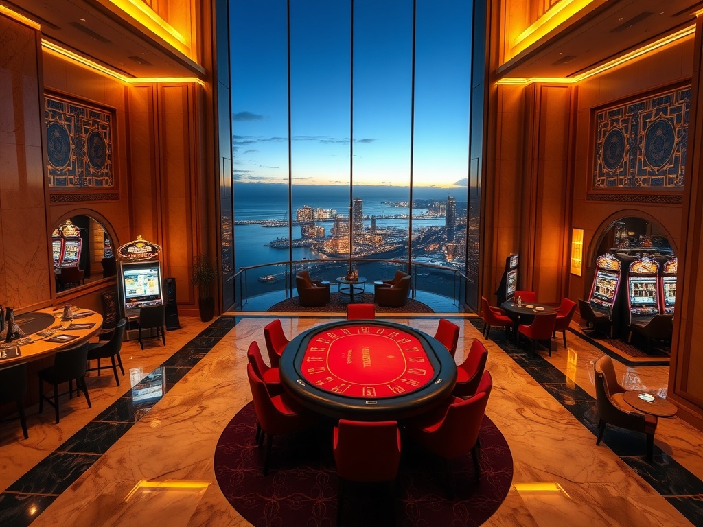 A luxurious Australian casino hotel lobby at night with warm marble, golden lighting, panoramic ocean-city view, velvet VIP lounge, elegant poker table, distant slots glow, five-star suites balcony.