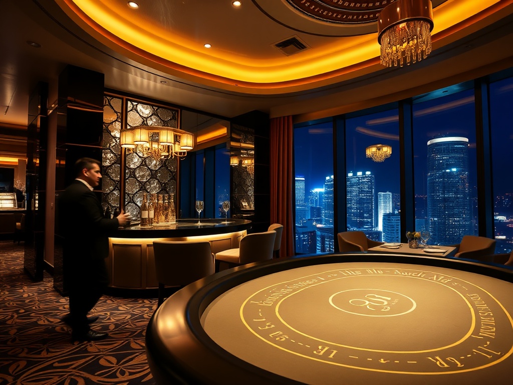 Glamorous Australian luxury casino hotel interior, "high-stakes poker table glow" "silk-robed concierge" "VIP suite window city lights" "award-dining plating". Use cinematic lighting.