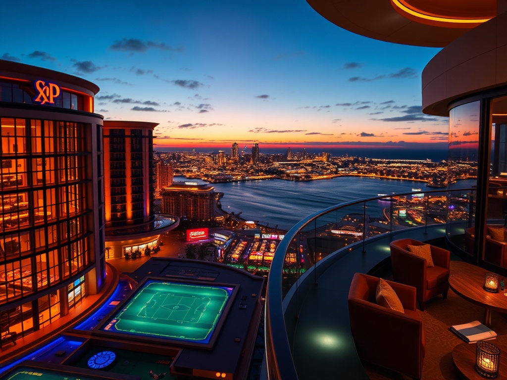 A luxurious Australian casino hotel at dusk, glowing gaming floor through glass, elegant VIP suite balcony, skyline lights, ocean horizon, refined atmosphere, cinematic lighting.