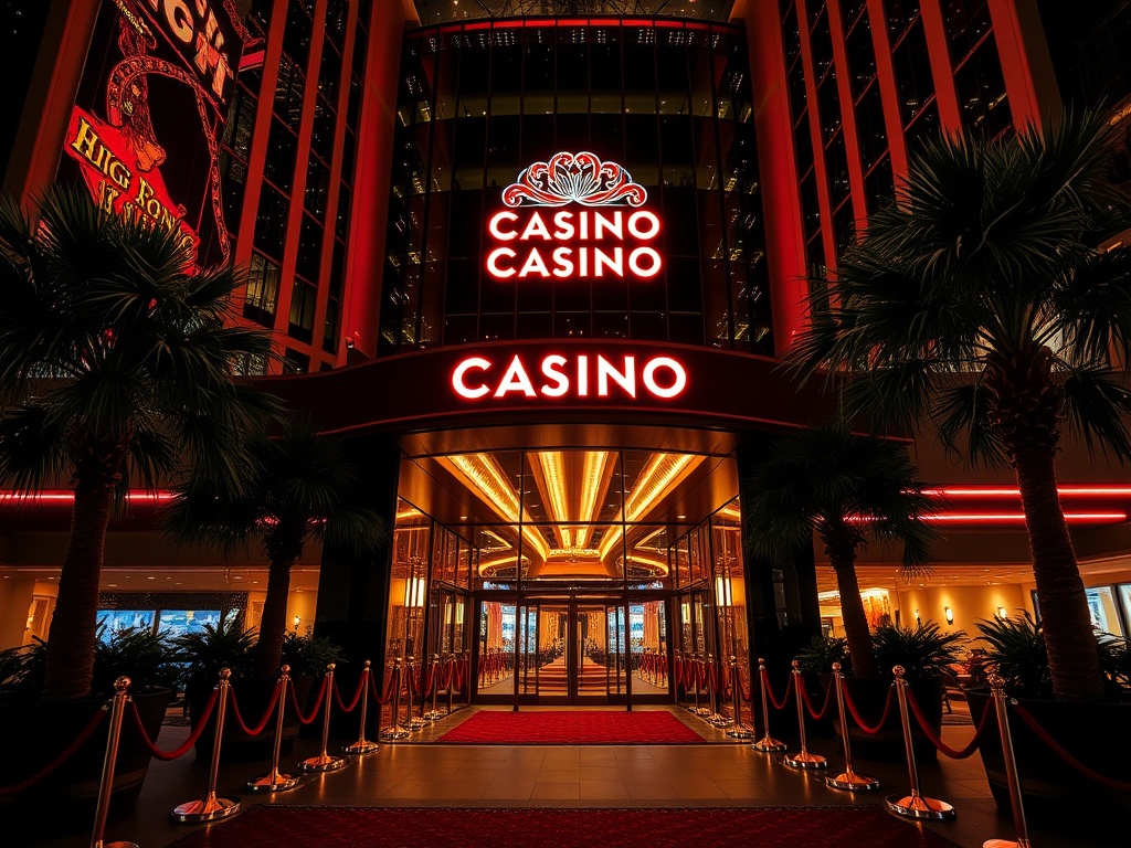 A glamorous night scene outside a luxury casino hotel in Australia, neon reflections, palm-lined entrance, velvet ropes, sparkling high-stakes atmosphere, elegant skyline.