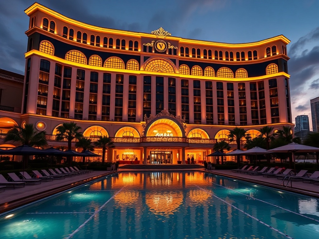 "glamorous luxury casino hotel facade at dusk" "golden gaming lights spilling from arched windows" "high-roller vibe with elegant poolside lounge" "Australian skyline silhouette"