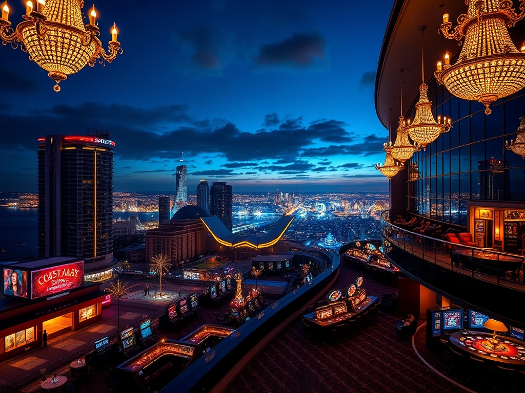 Nighttime luxury casino hotel in Australia, panoramic skyline, glowing chandeliers, elegant gaming room silhouettes, VIP lounge glow, five-star suite windows, refined atmosphere.