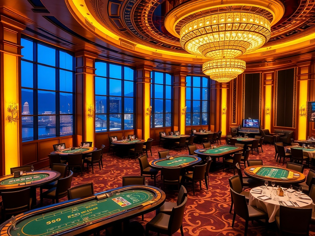 "opulent casino interior" "golden chandeliers" "high-stakes gaming tables" "sleek VIP lounge" "panoramic skyline windows" "fine dining table" "warm ambient nightlife glow" "five-star luxury atmosphere"
