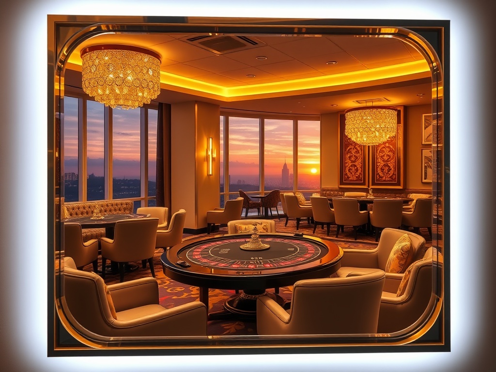"glossy luxury casino lounge" "golden lights" "elegant high-roller tables" "silk sofas" "sunset skyline outside" "VIP suite ambiance" "five-star refinement"