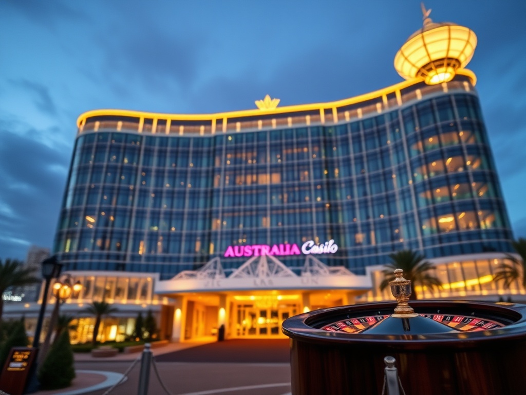 "luxury Australian casino hotel at night, luminous glass facade, elegant entrance, VIP-feel lighting, subtle roulette wheel glow, skyline coastline backdrop, five-star suite window warm light".
