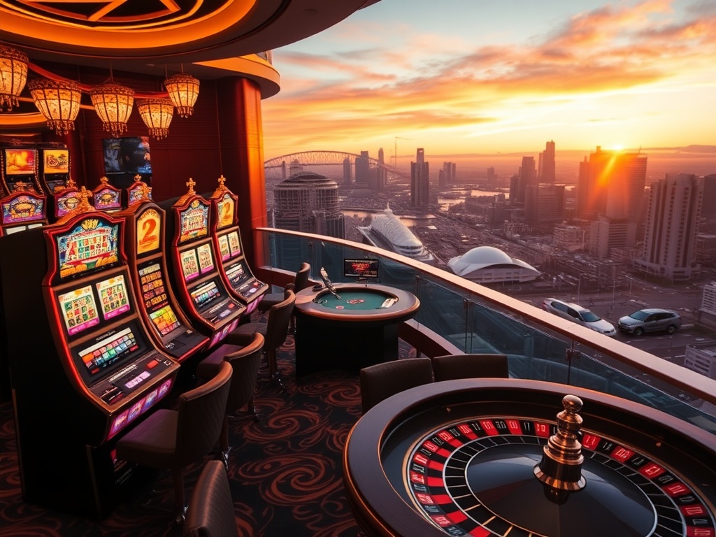 "opulent casino hall" "glowing slot machines" "high-stakes roulette table" "VIP suite balcony" "Australian skyline at sunset" "luxury concierge atmosphere"