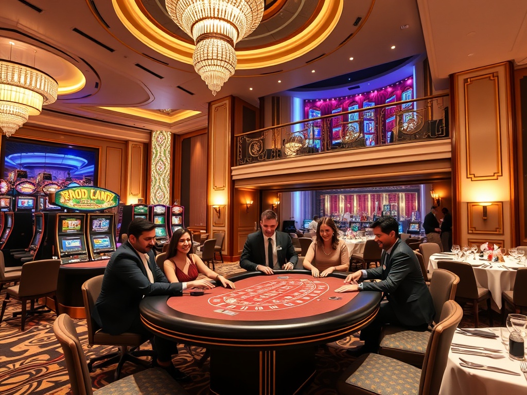 "a glamorous casino hotel interior blending "high-stakes poker table" "sparkling slot lights" "elegant VIP suite balcony" and "fine dining" with smiling guests under warm ambience" " "