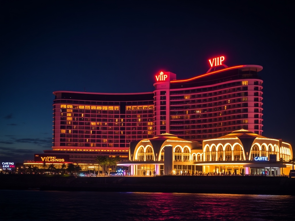 A glamorous luxury casino hotel in Australia at night, neon-lit gaming hall silhouette, elegant VIP glow, panoramic ocean skyline, five-star entrance, cinematic lighting.