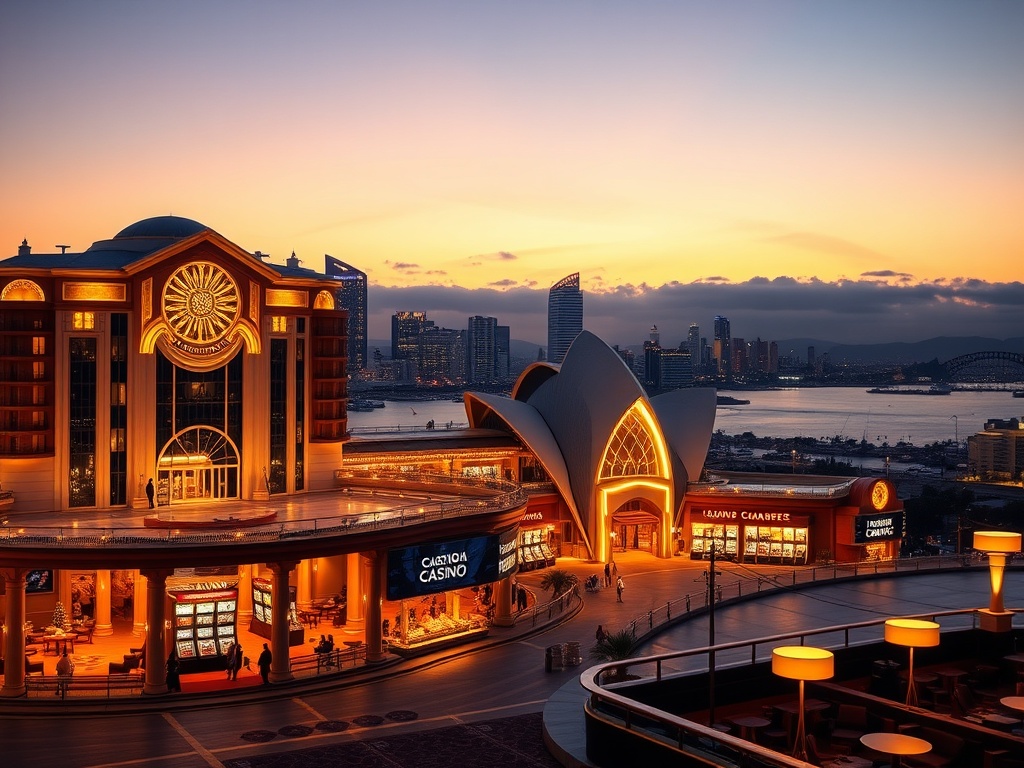 "A glamorous Australian luxury casino hotel at dusk, illuminated skyline; elegant entrance, glowing gaming lights, gold accents, ocean-like harbor view, velvet lounge"