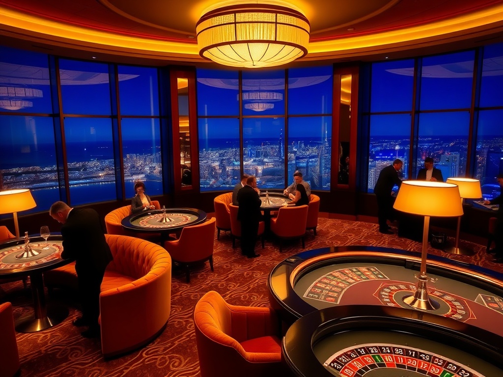 "Luxury casino hotel lounge in Australia at night, warm golden lighting, elegant patrons in formal attire, panoramic city-and-ocean view windows, velvet sofas, subtle roulette tables in background" "no logos"