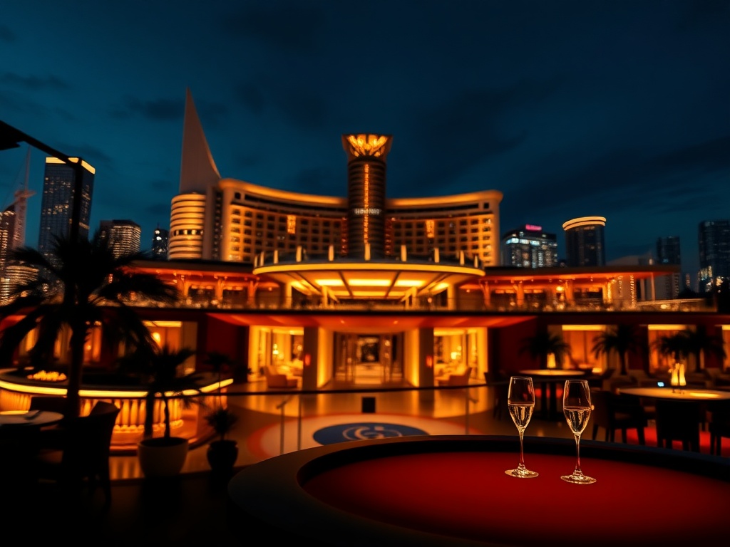 "a glamorous nighttime Australian luxury casino hotel" "golden bokeh lights" "elegant skyline silhouette" "open-air VIP entrance" "shadowy poker table glow" "five-star suite balcony" "champagne bar reflections" "cinematic ultra-realistic lighting" "high-e