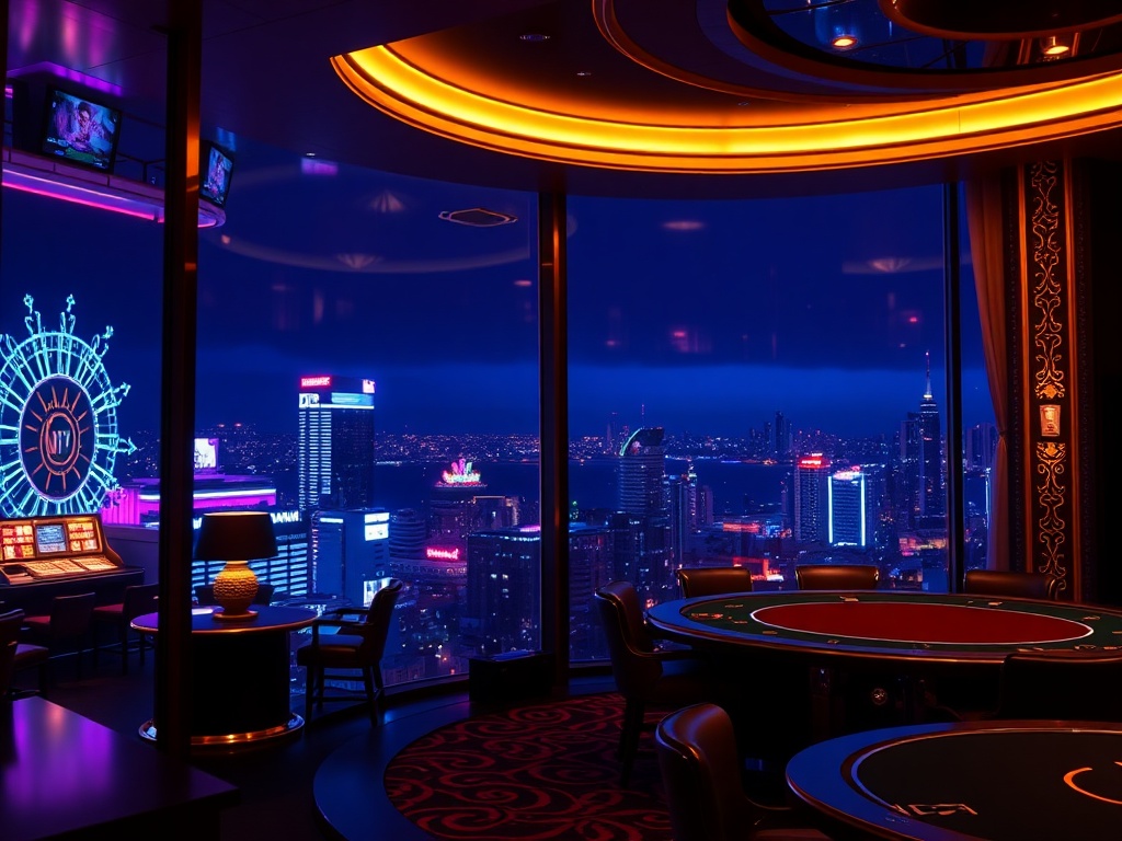 A luxurious Australian casino hotel hero scene at night, neon glow, elegant VIP suite window, high-stakes table ambiance, cinematic lighting, sleek modern style.