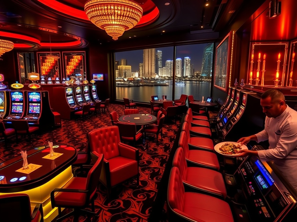 “opulent casino night scene” “glowing gaming tables” “sleek slot machines” “VIP lounge with velvet seats” “chef plating local gourmet dishes” “harbor-view city lights” “elegant nightlife ambiance”