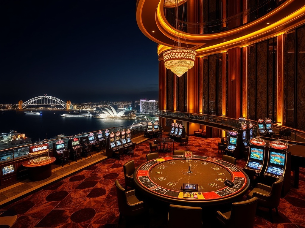 "Luxury casino hotel at night in Australia, elegant marble interiors, golden light, high-stakes table and slot machines glow, private VIP lounge, refined dining, cocktail nightlife, panoramic harbor view."
